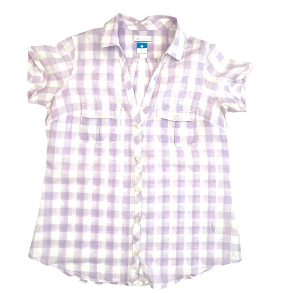 Columbia Women's Purple and White Plaid Short Sleeve Button Down Shirt S…